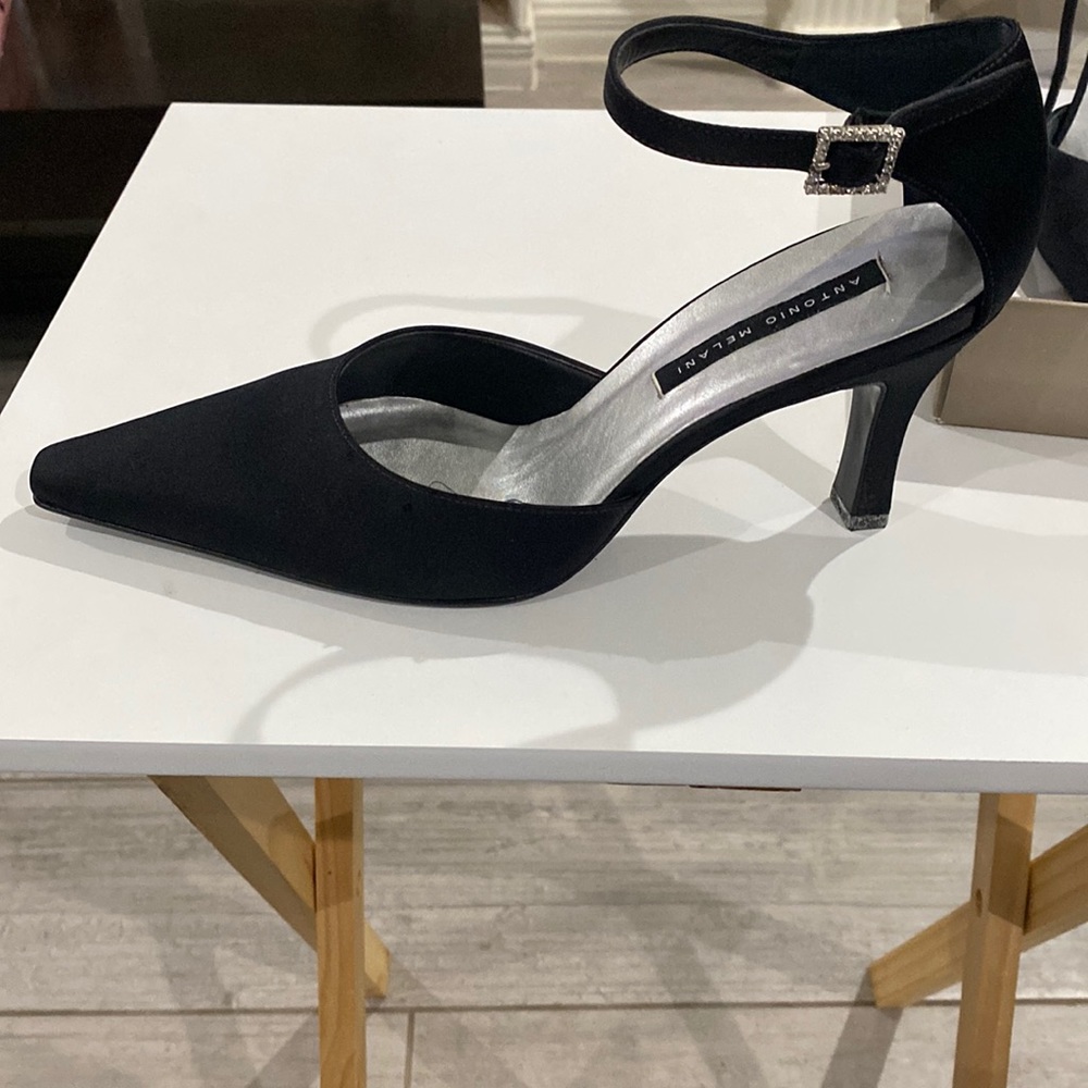 Antonio Melani point toe black satin sling back pumps